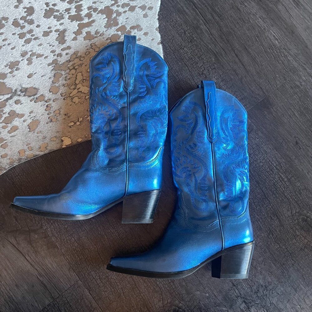 Jeffrey Campbell Dagget Western Boots Blue Leather Womens Size 7.5 - Picture 2 of 6